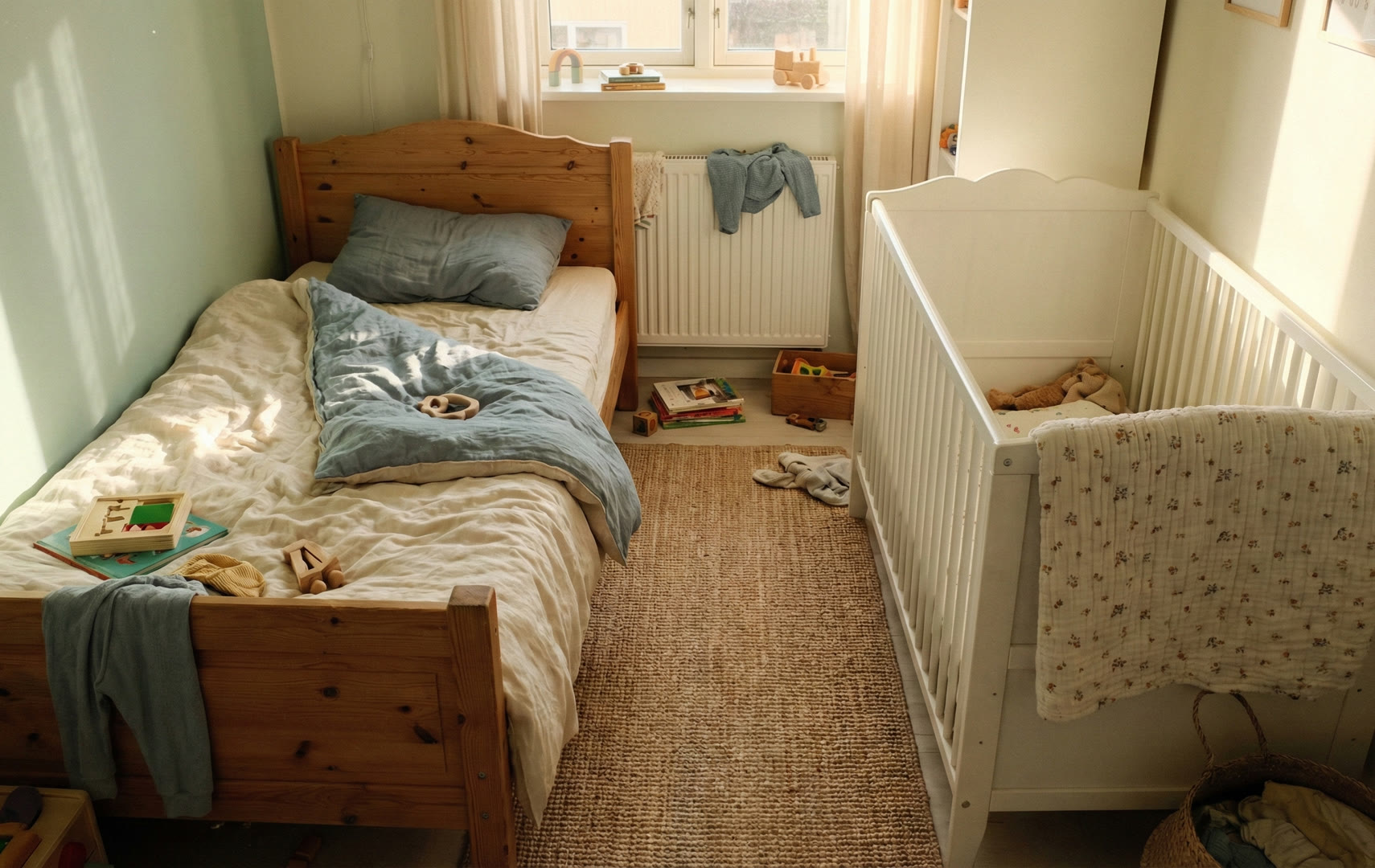 Pokój dla rodzeństwa z bezpiecznym przejściem nocnym i funkcjonalnym układem mebli